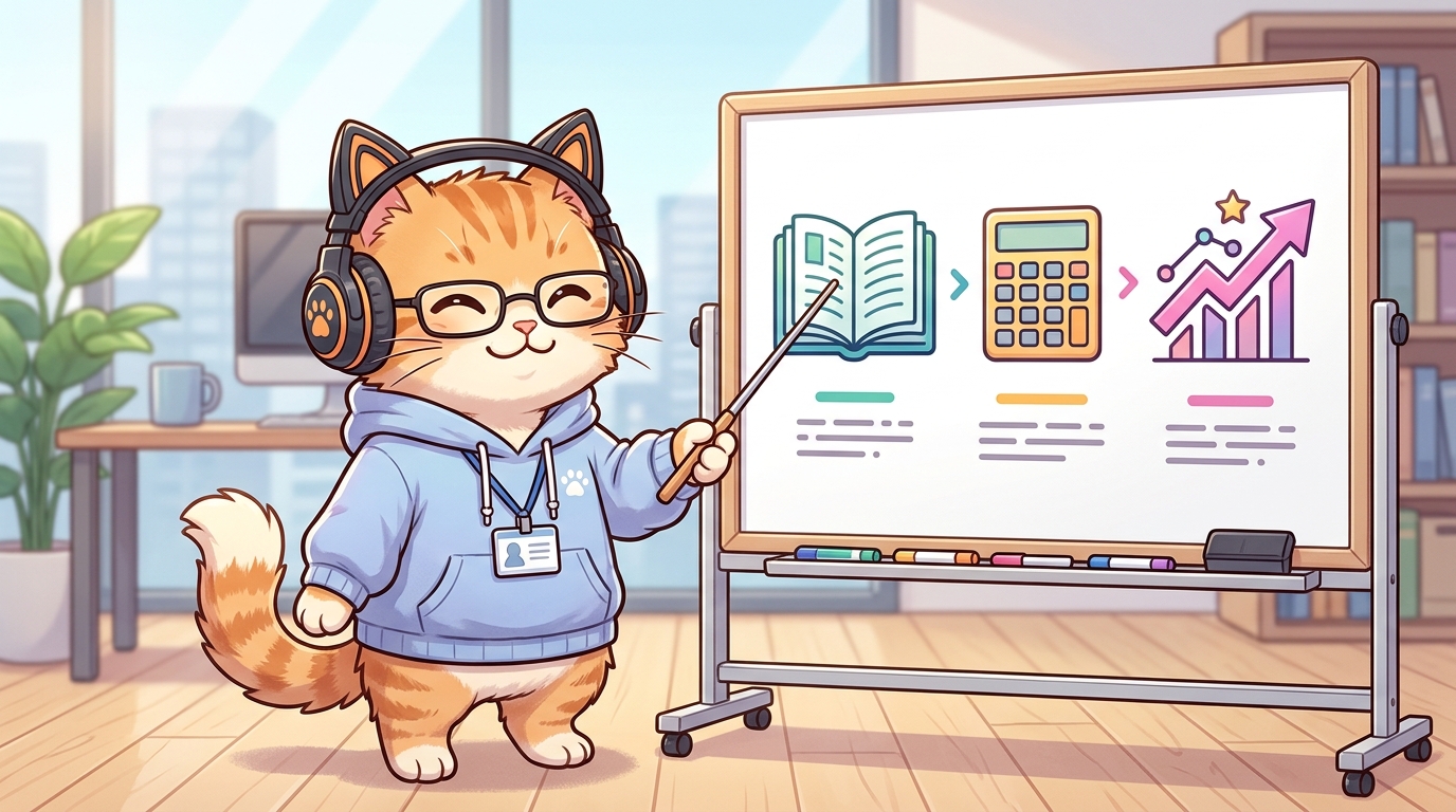 猫キャラクターが教える自立トレード3ステップ（体系学習・リスク計算・ジャーナル記録）